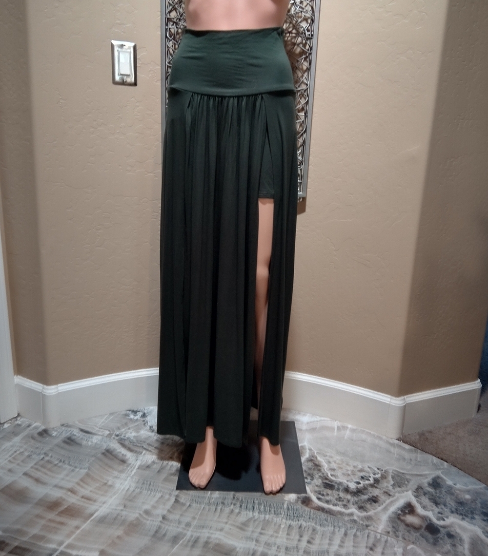 Venus High-Slit Front Flap Maxi Skirt with Attached Exposed Shorts in Dark Green